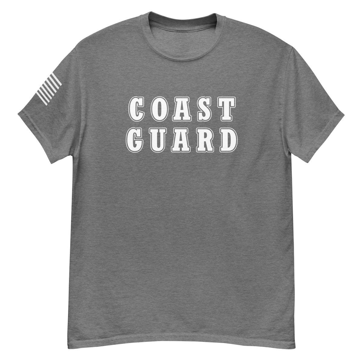 women's grey t-shirt with block-letter Coast Guard design and American flag sleeve