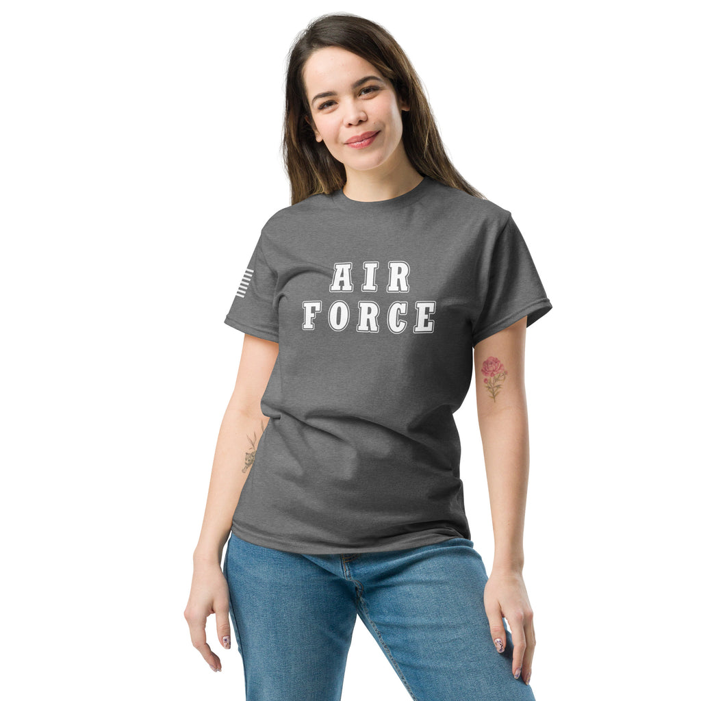 women's grey t-shirt with block-letter Air Force design and American flag sleeve