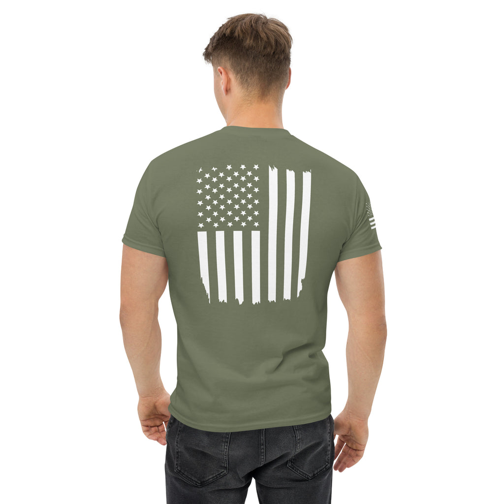 Men's green t-shirt with white American flag on the back and on the right sleeve