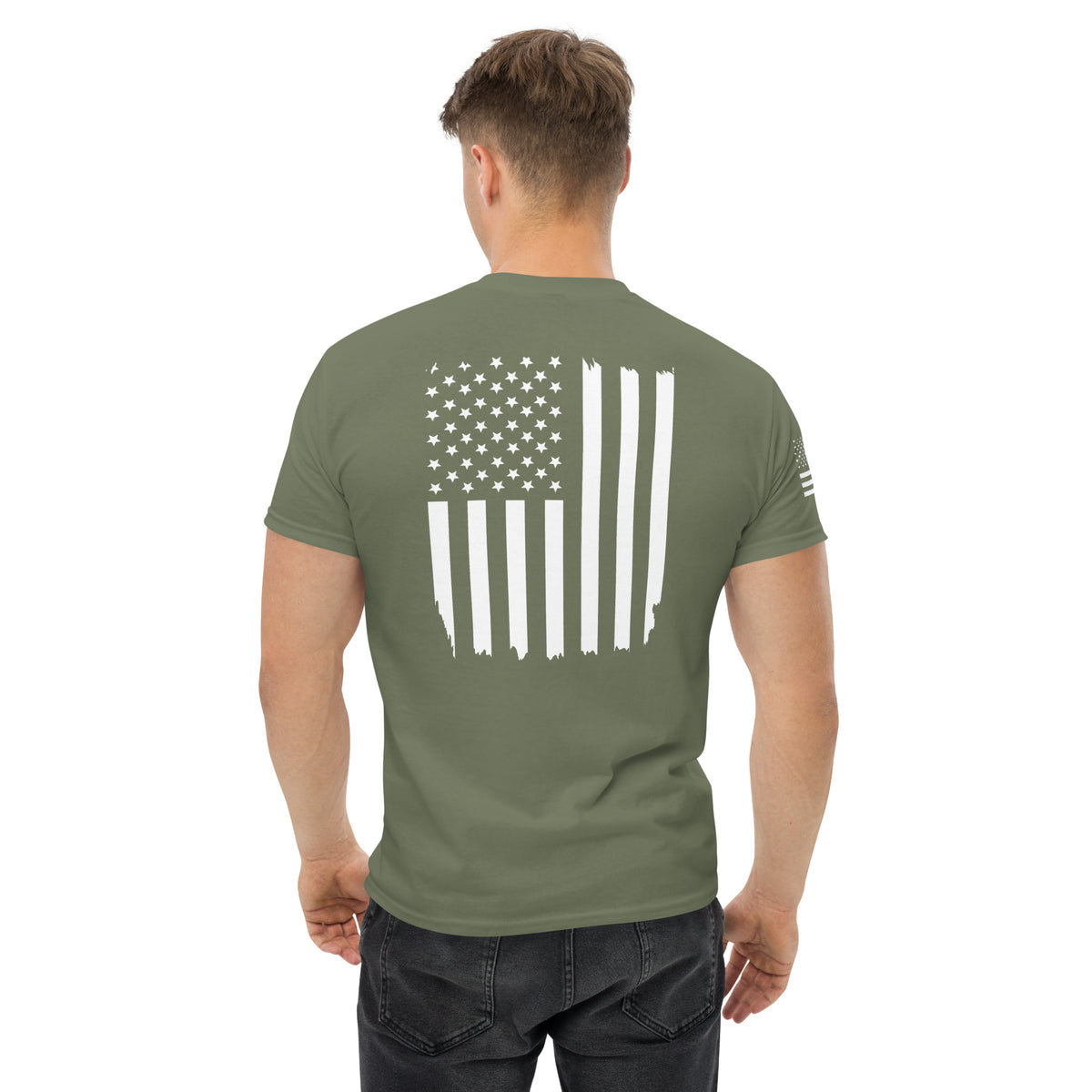 Men's green t-shirt with white American flag on the back and on the right sleeve