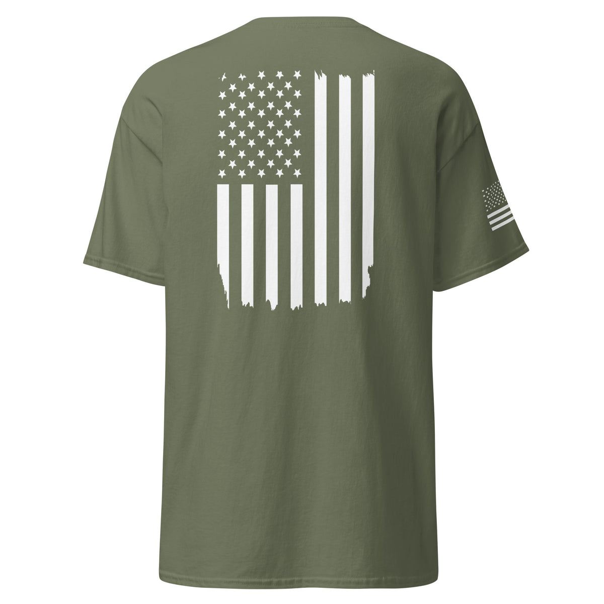 Men's green t-shirt with white American flag on the back and on the right sleeve