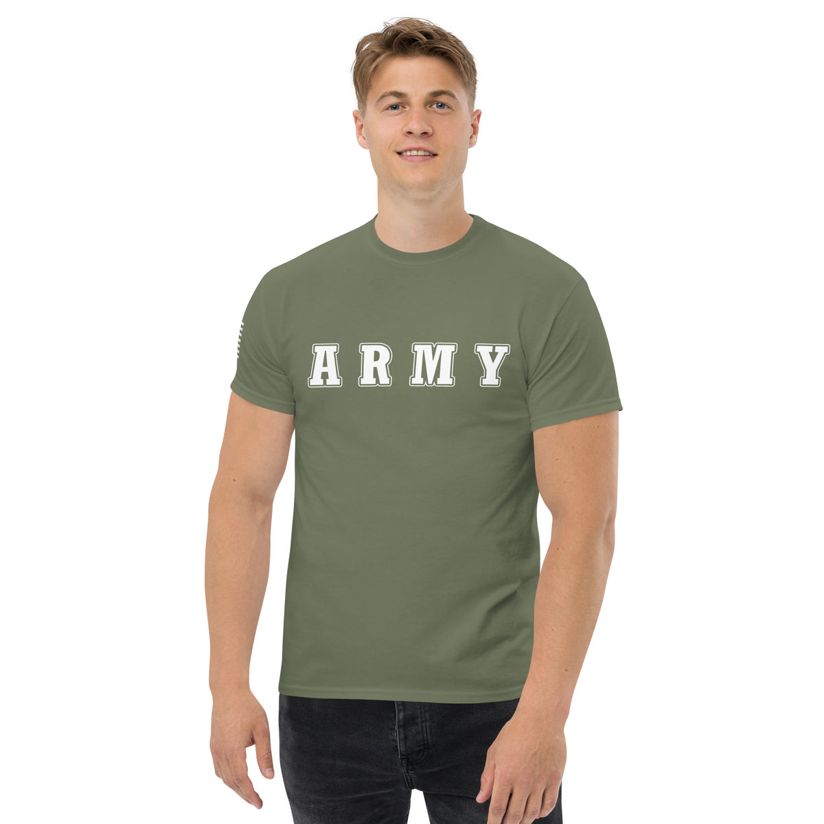 Men's army shirt block lettering and American flag sleeve green