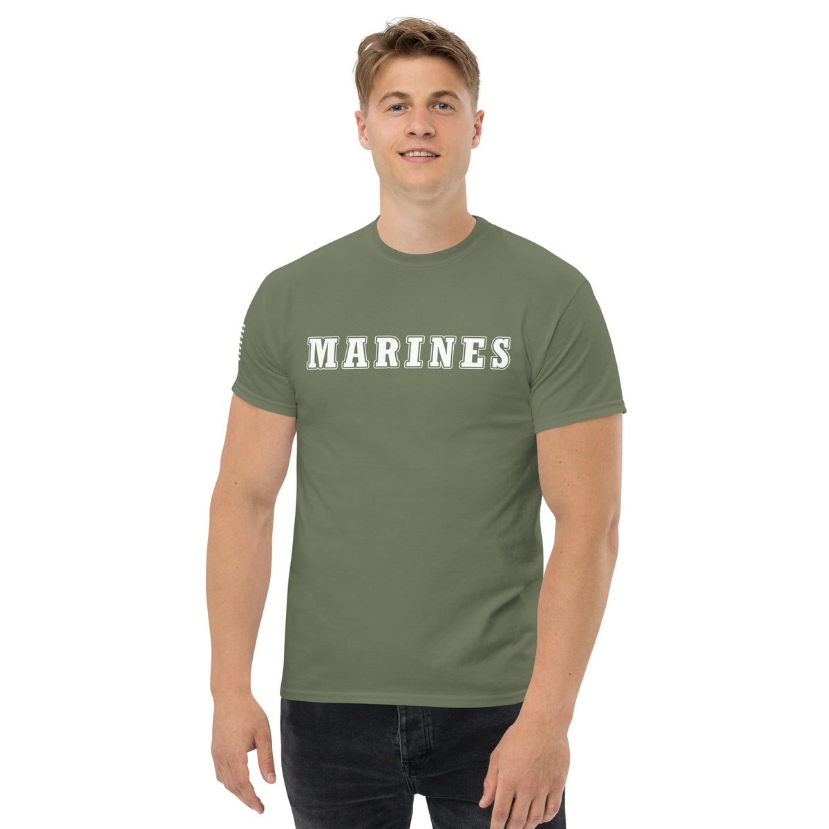 Men's marines shirt block lettering and American flag sleeve green