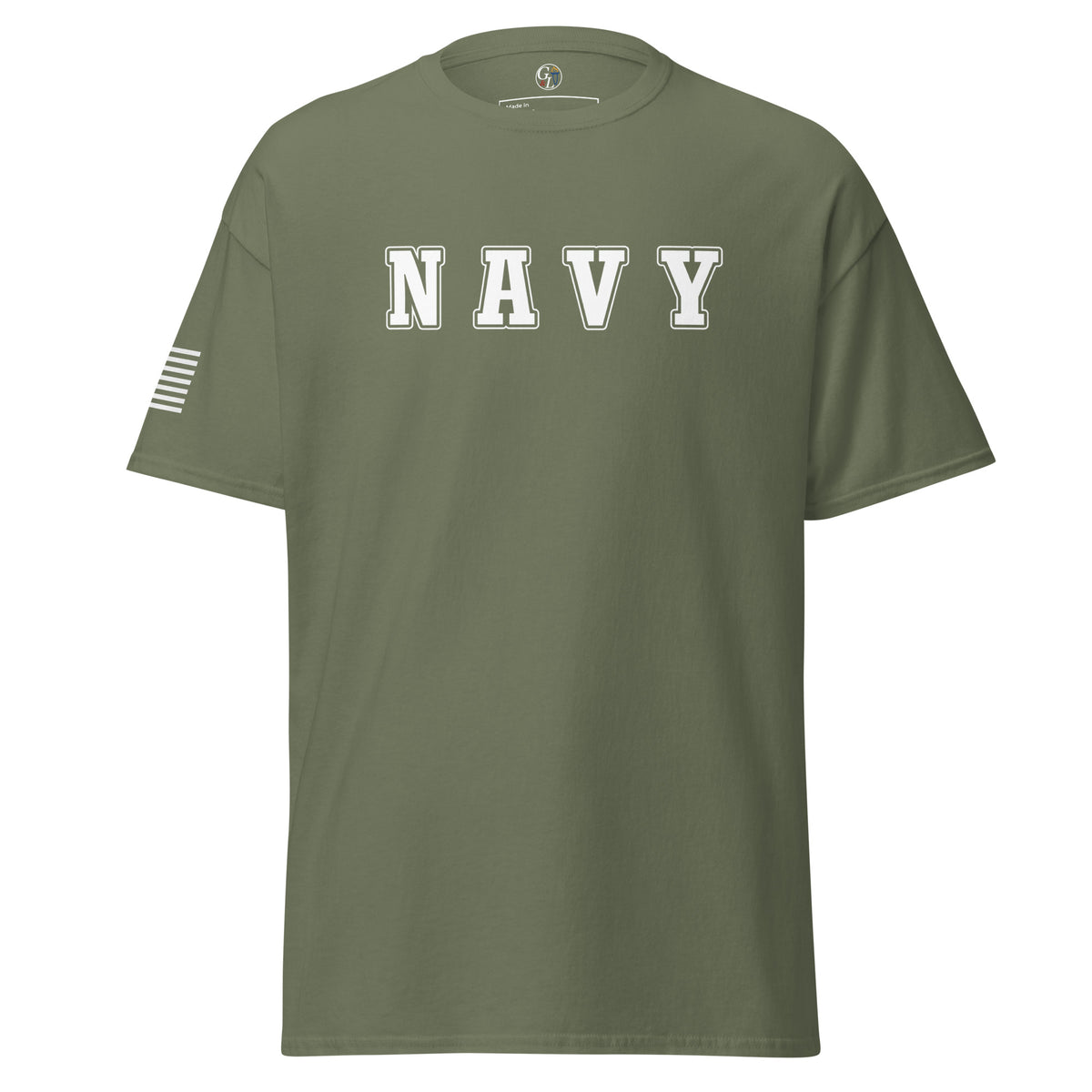 Men's US Navy shirt block lettering and American flag sleeve green