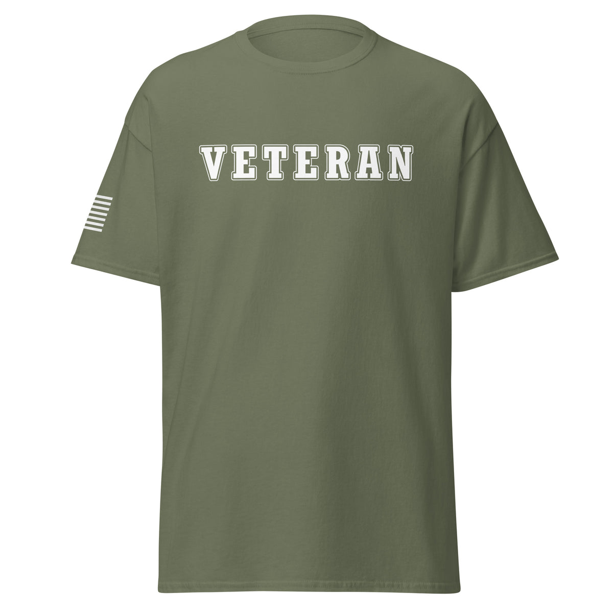 Men's Veteran shirt block lettering and American flag sleeve green