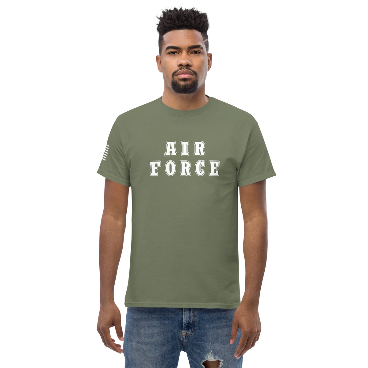 Men's air force shirt block lettering and American flag sleeve green