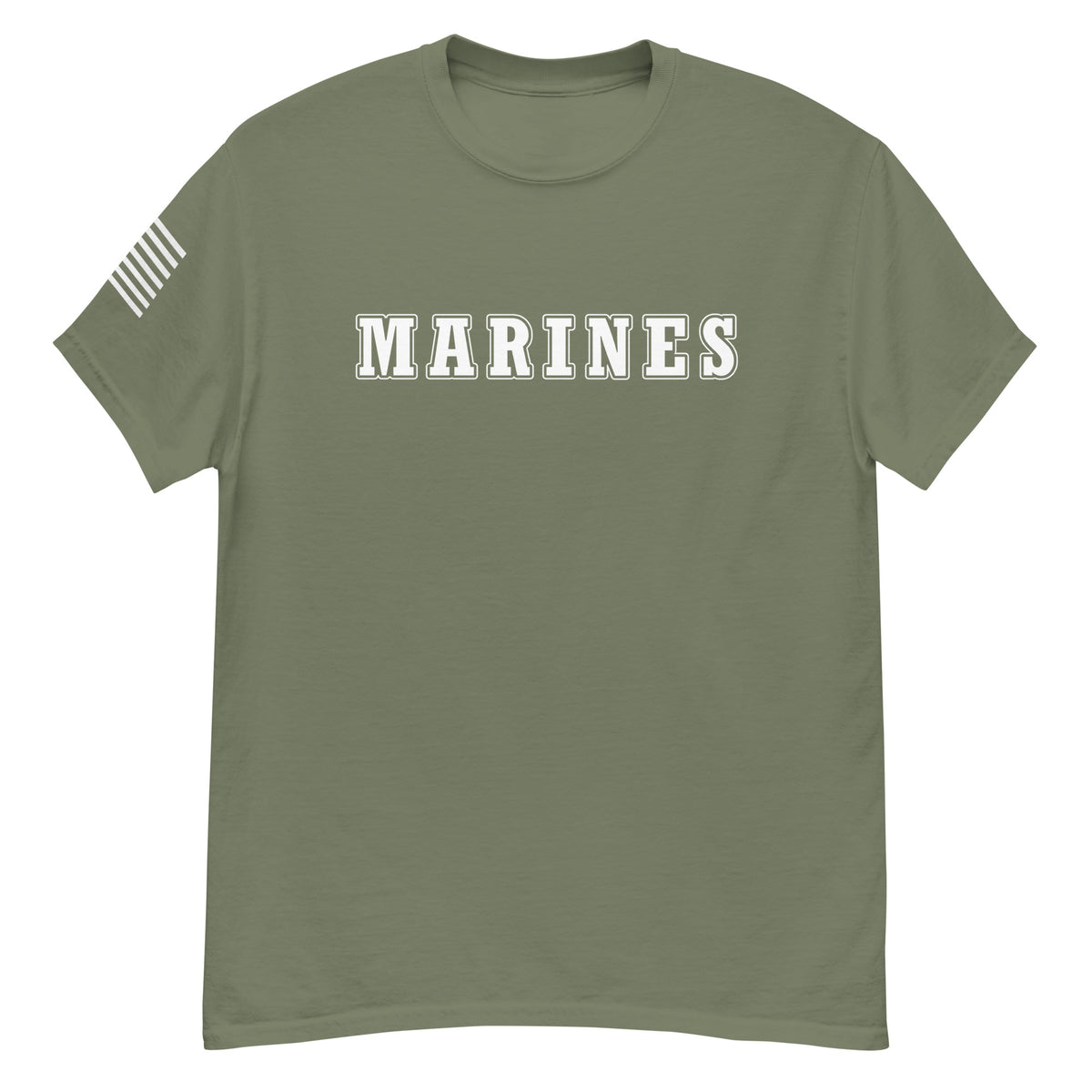 women's green t-shirt with block-letter Marines design and American flag sleeve