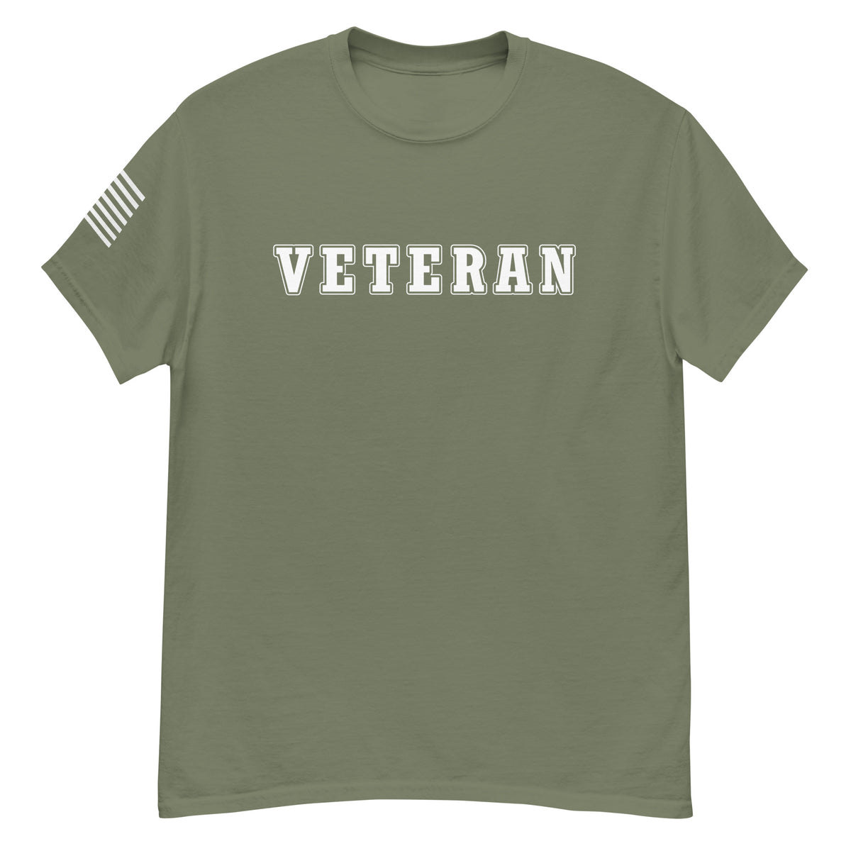 women's green t-shirt with block-letter Veteran design and American flag sleeve