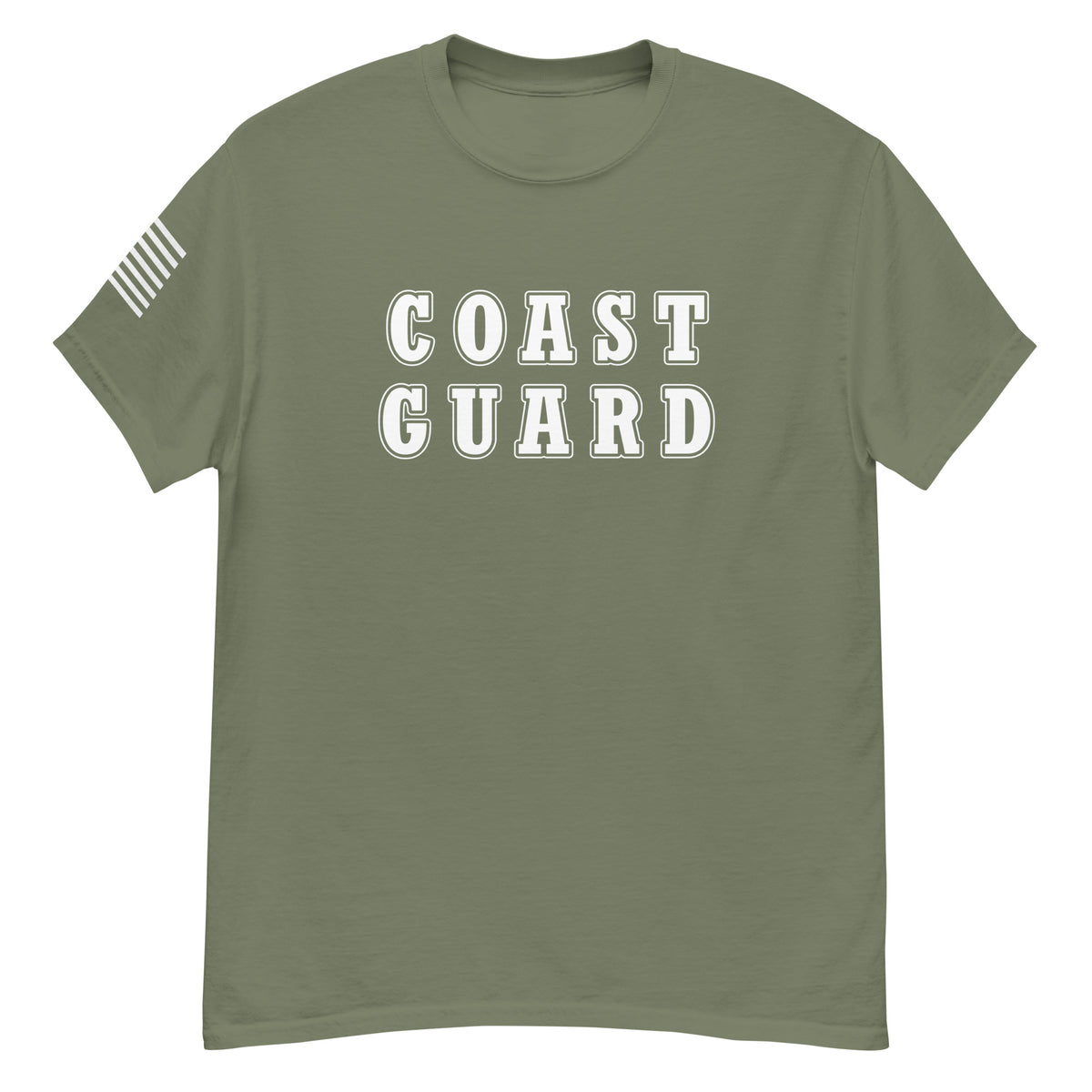 women's green t-shirt with block-letter Coast Guard design and American flag sleeve