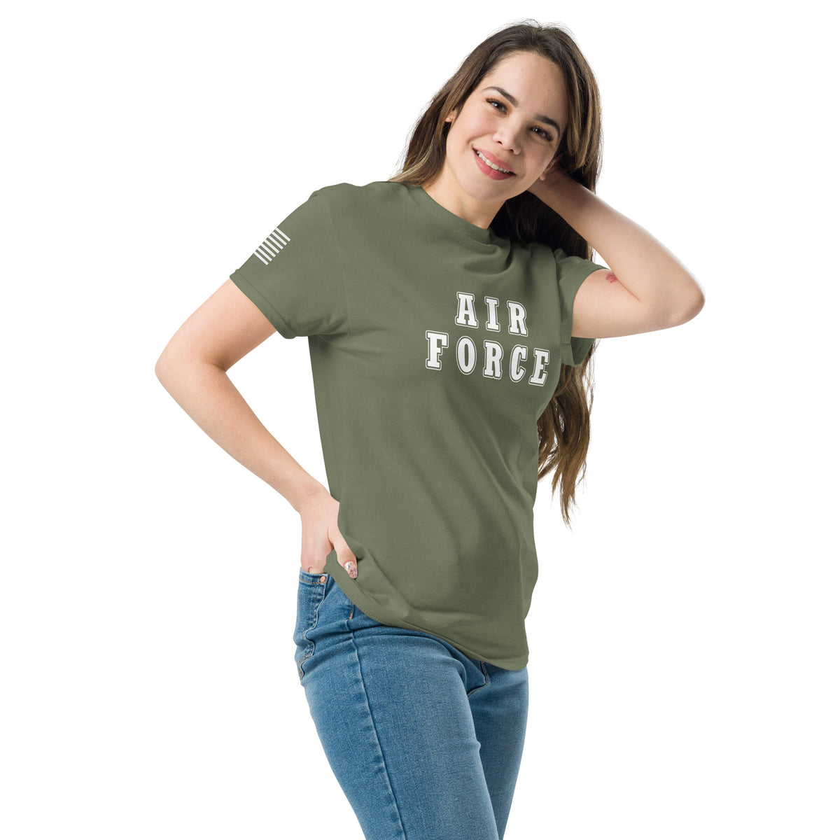 women's green t-shirt with block-letter Air Force design and American flag sleeve