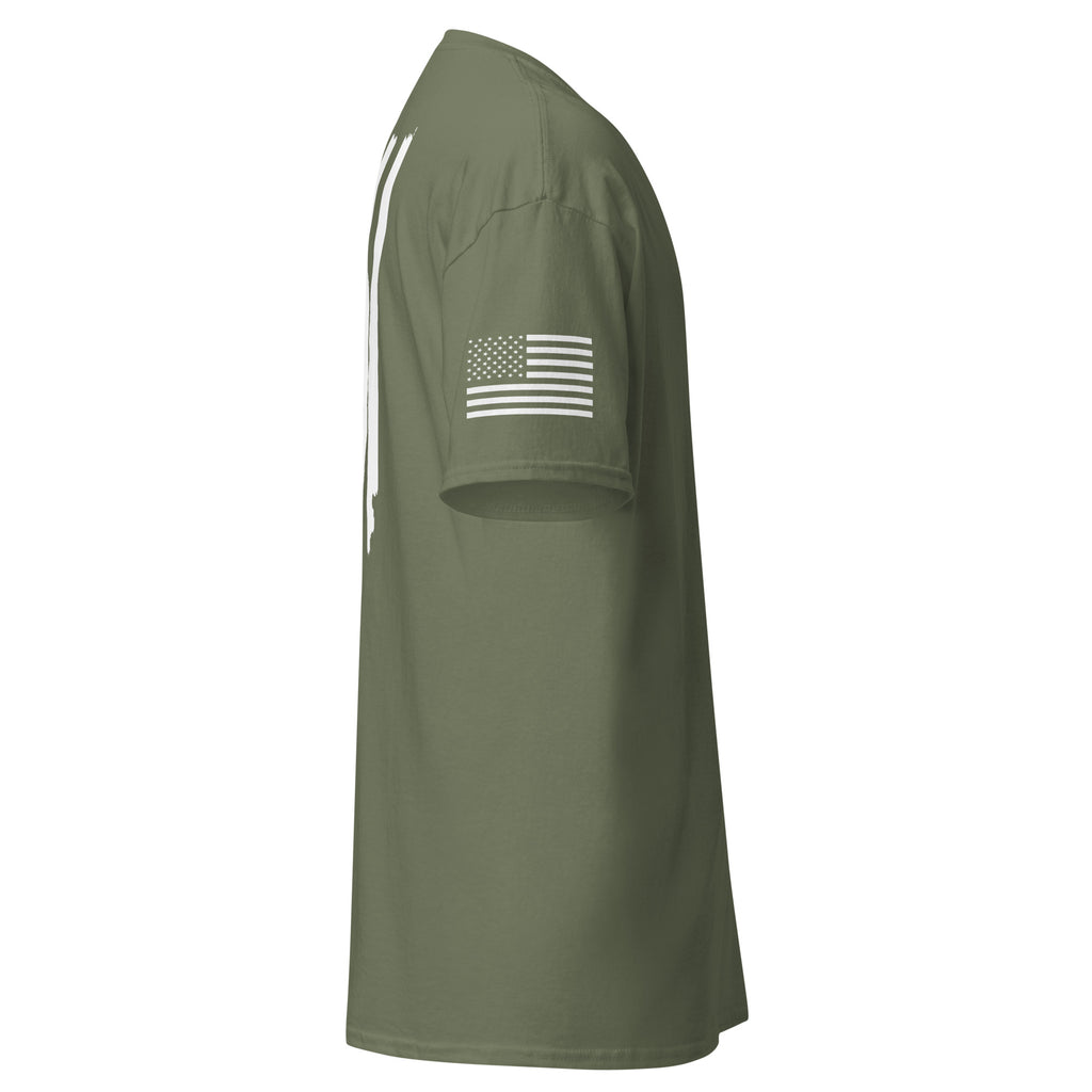 Men's green t-shirt with white American flag on the back and on the right sleeve
