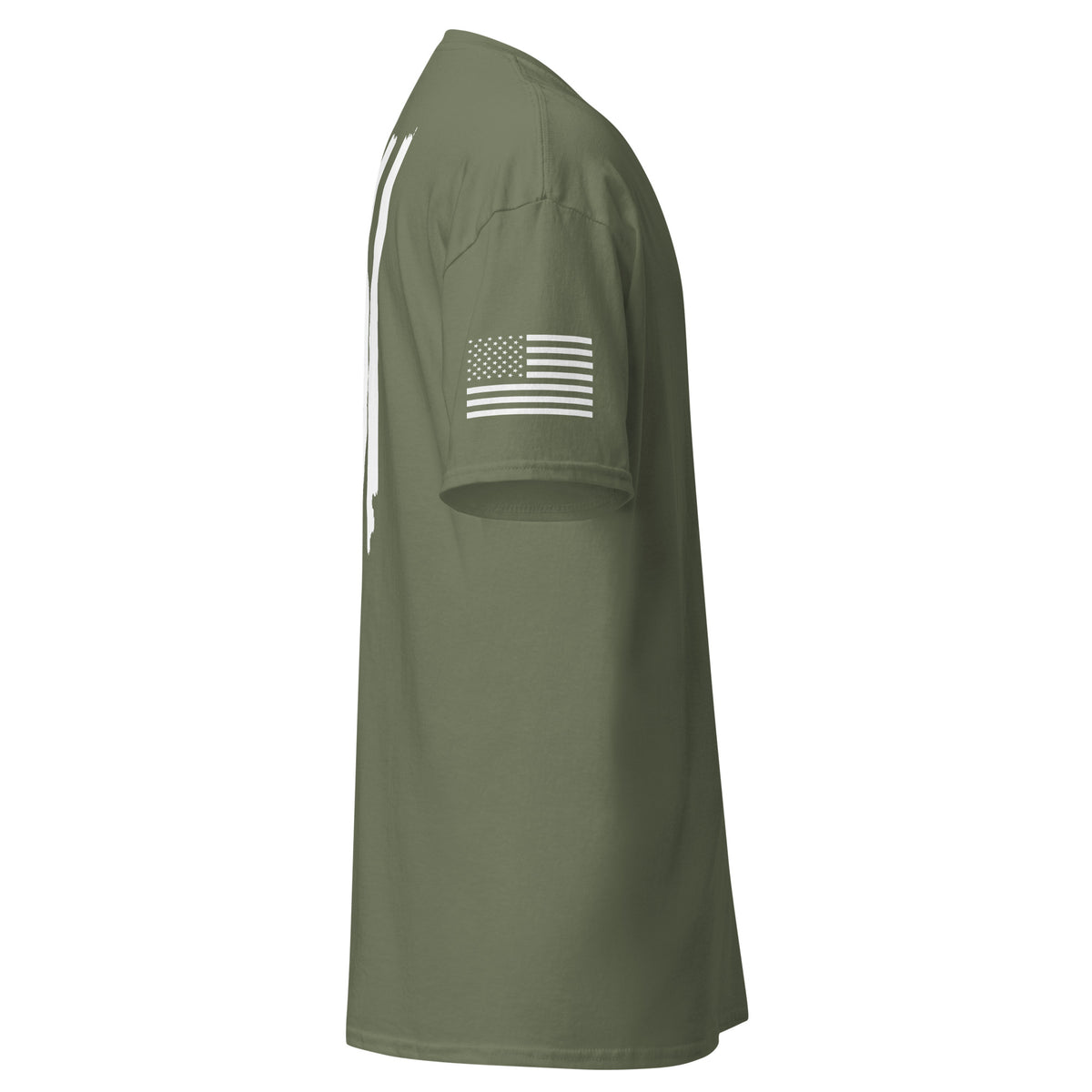 Men's green t-shirt with white American flag on the back and on the right sleeve
