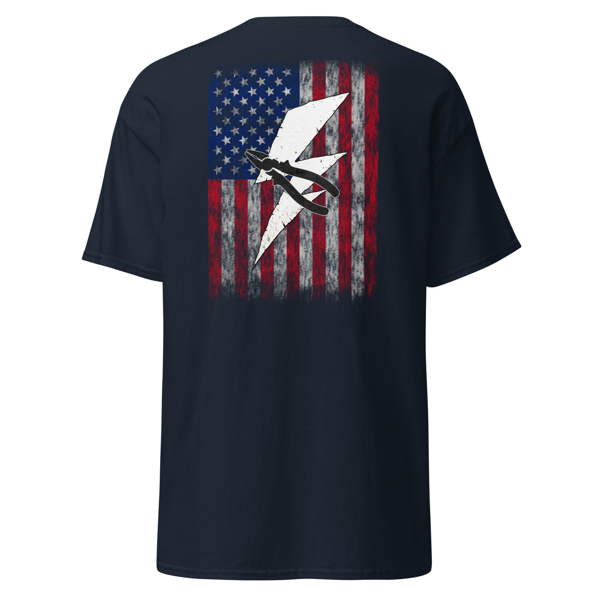 Men's navy t-shirt with lightning bolt and pliers with distressed American flag design for electricians