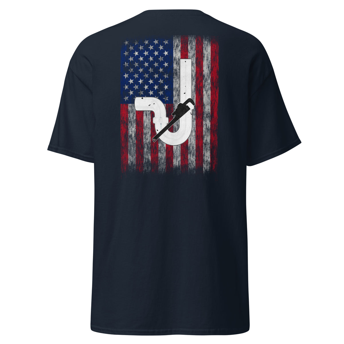 Men's navy t-shirt with pipe and pipe wrench with distressed American flag design for plumbers