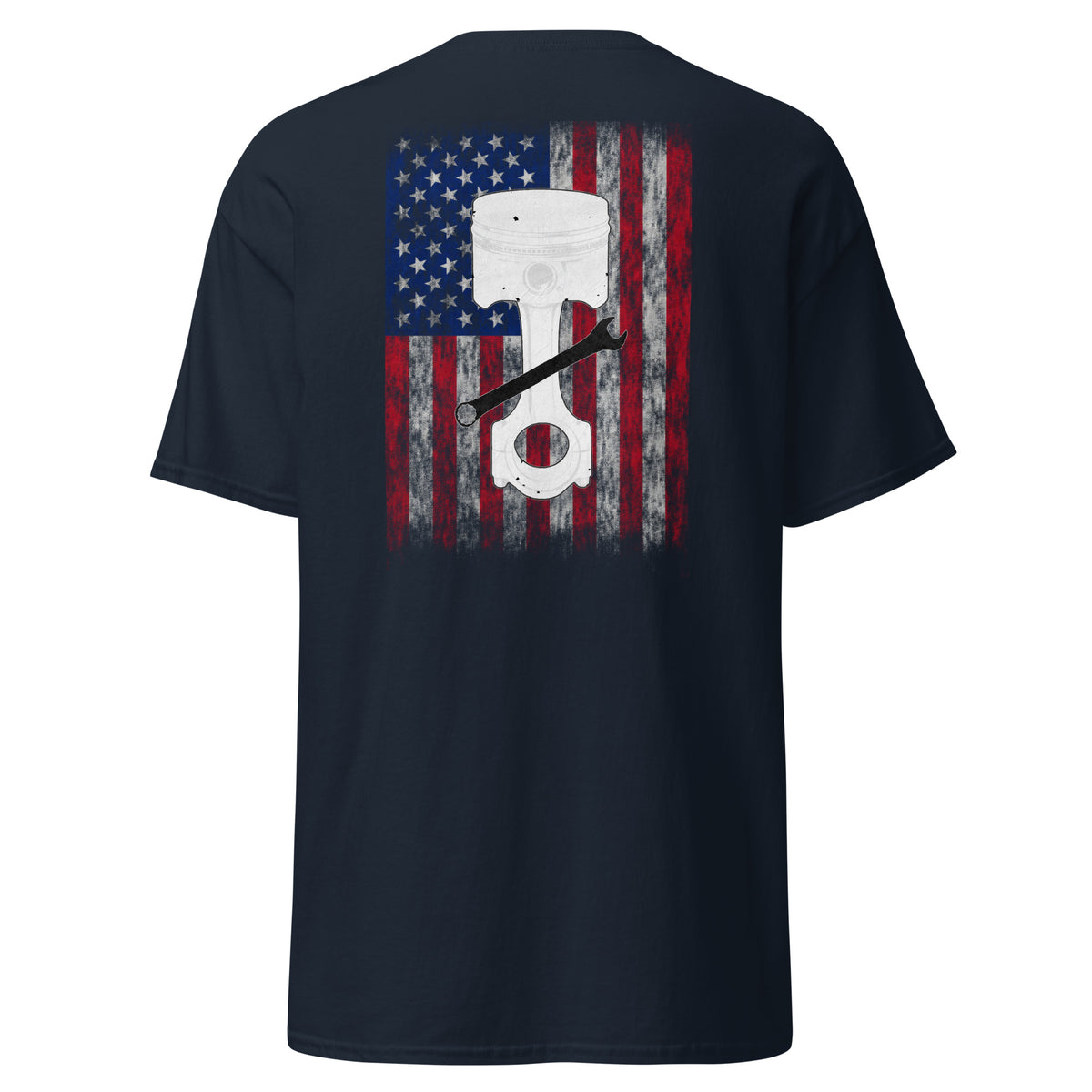 Men's navy t-shirt for mechanics with piston and wrench and distressed American flag