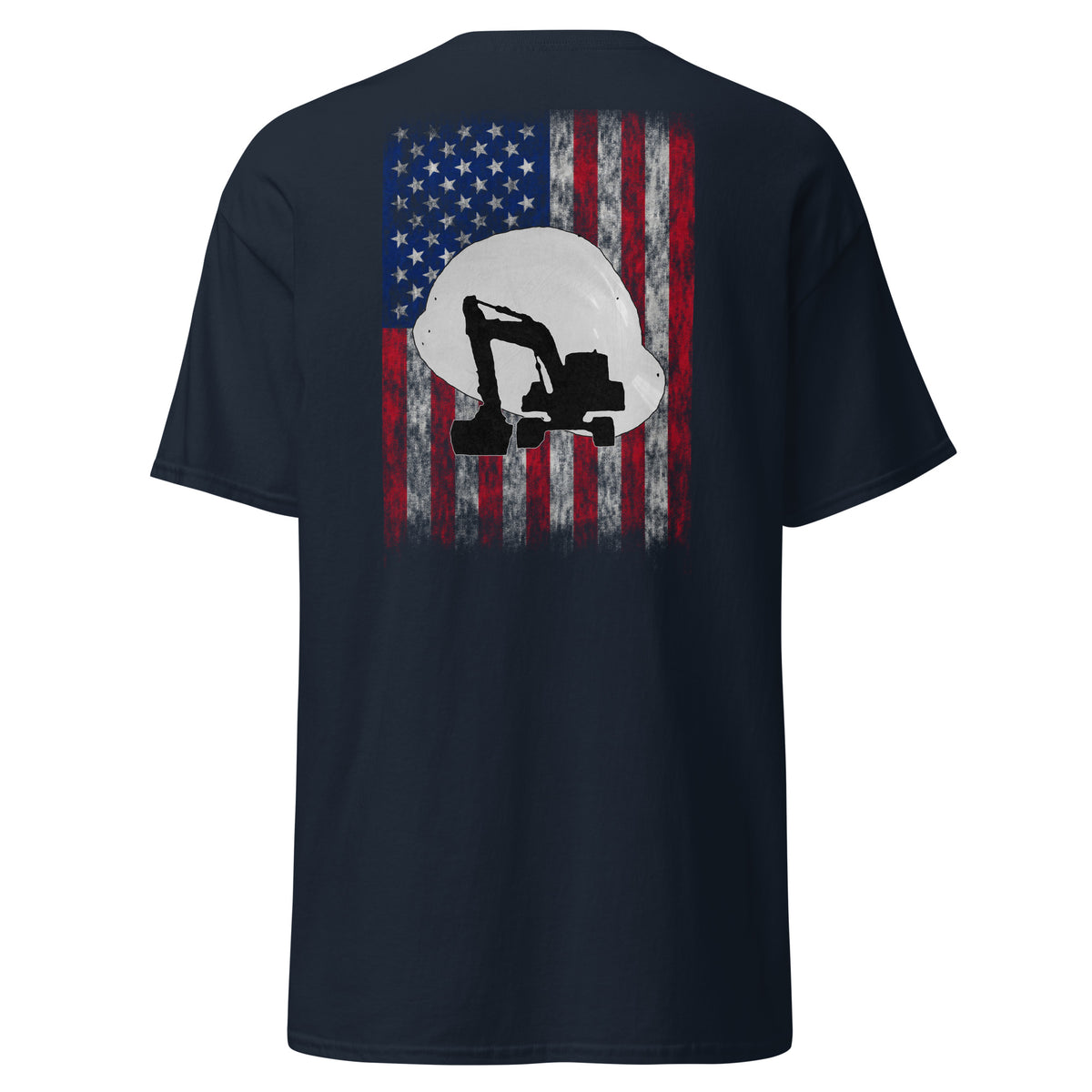 Men's navy t-shirt for construction workers with hard hat and excavator over a distressed American flag