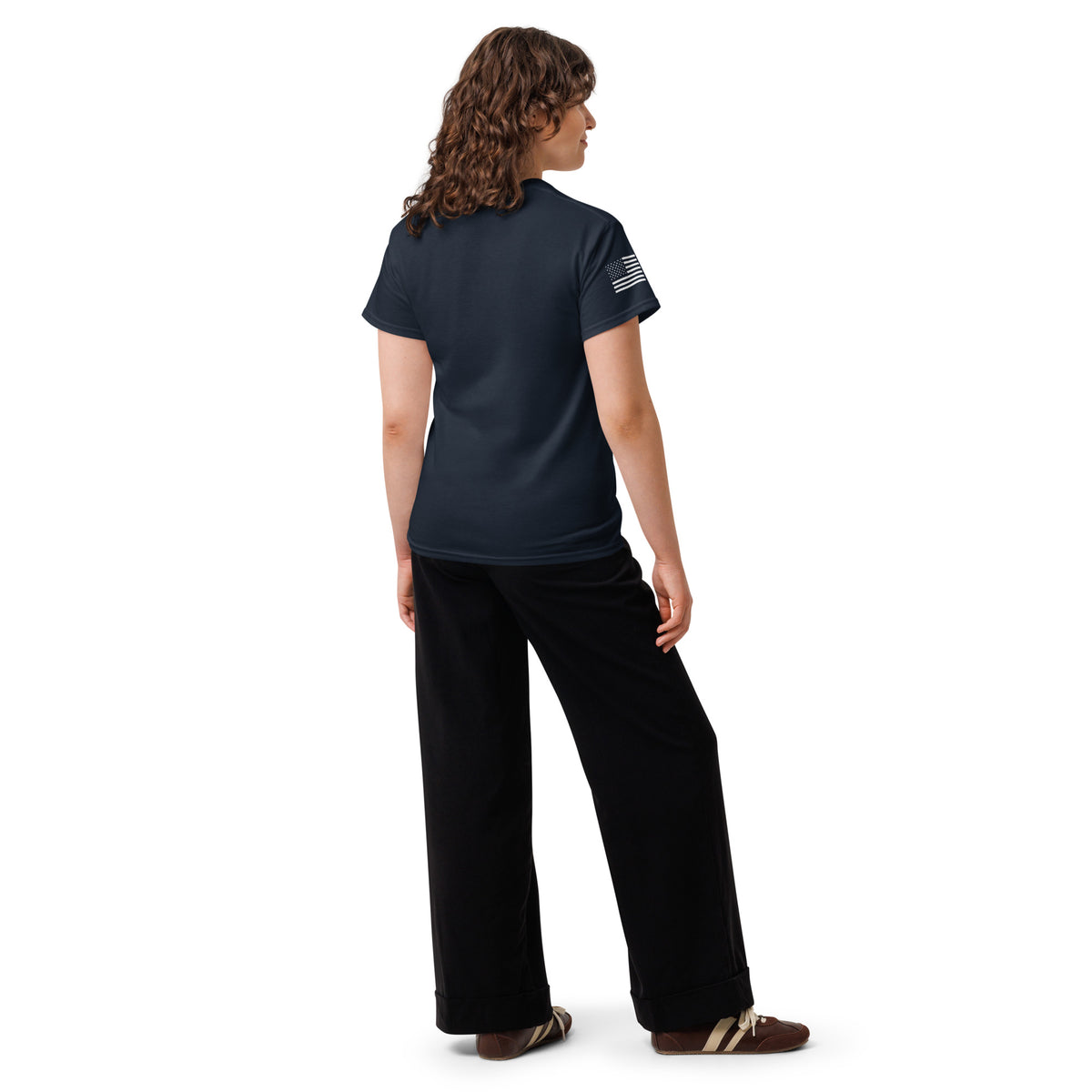 women's navy t-shirt with block-letter Coast Guard design and American flag sleeve