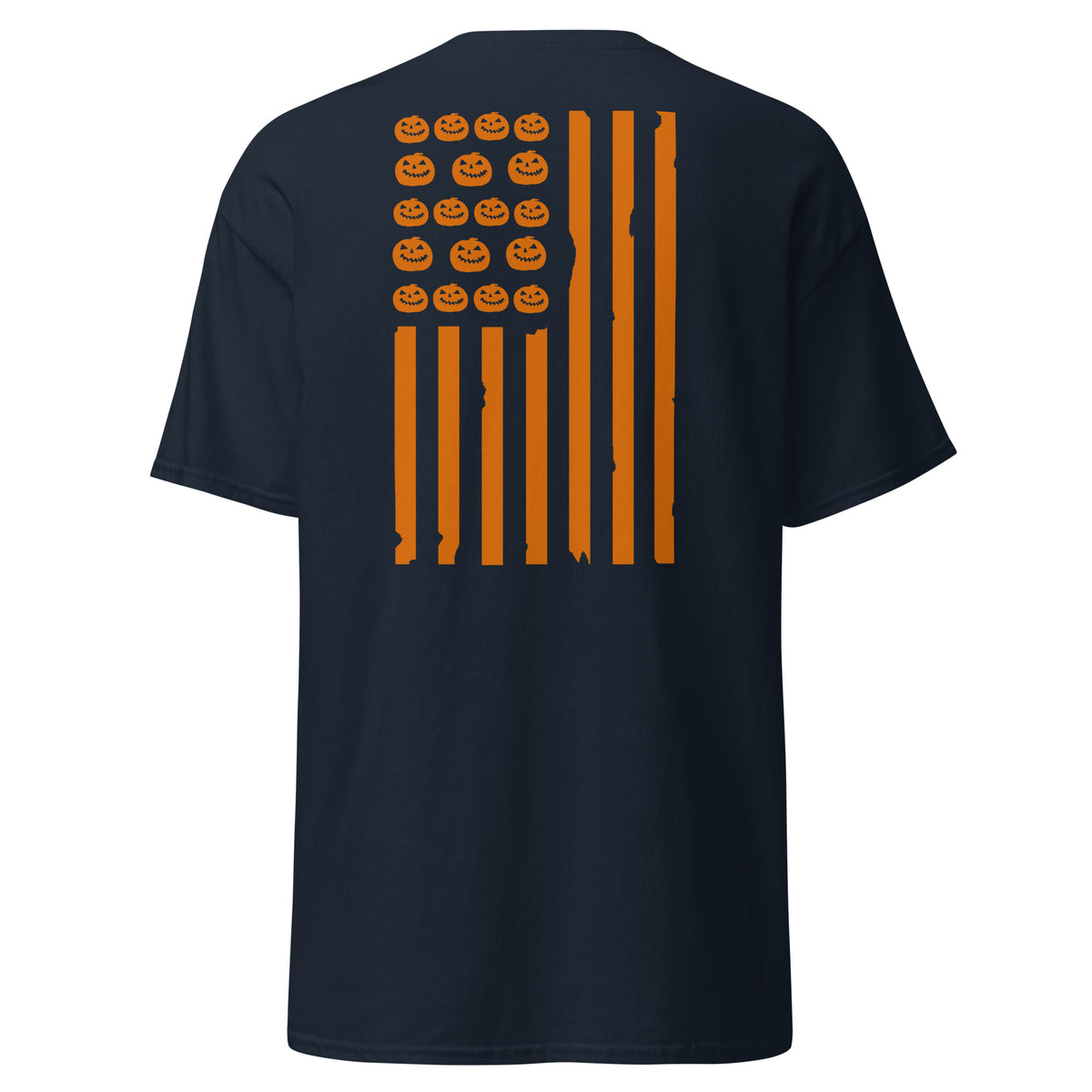Men's navy t-shirt with orange distressed flag design and pumpkins on the back
