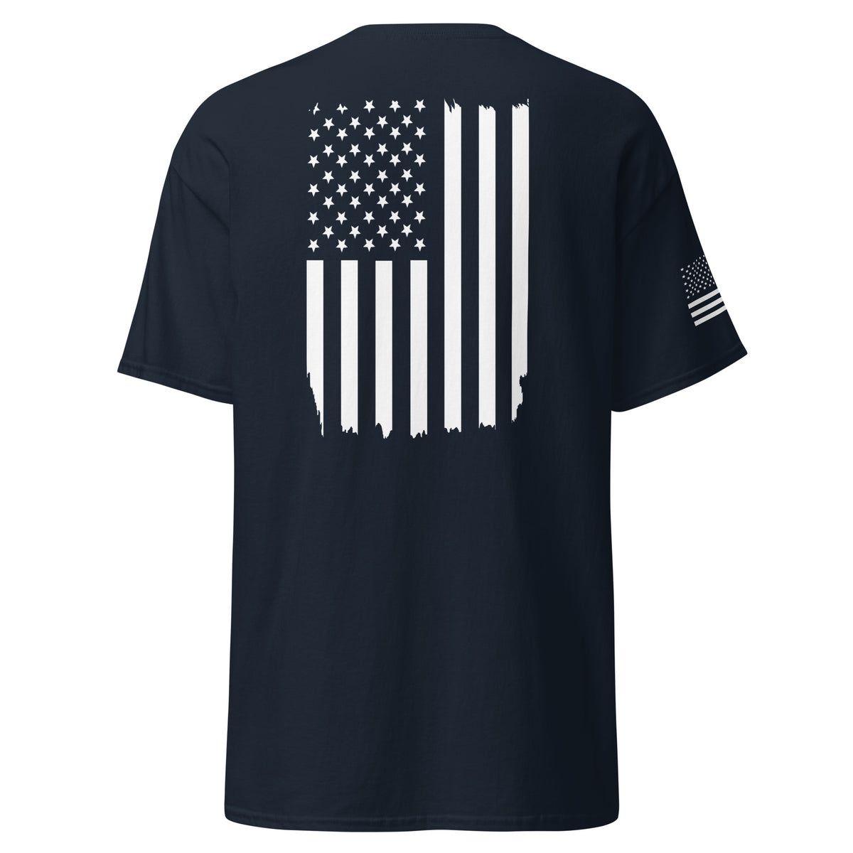 Men's navy t-shirt with white American flag on the back and on the right sleeve