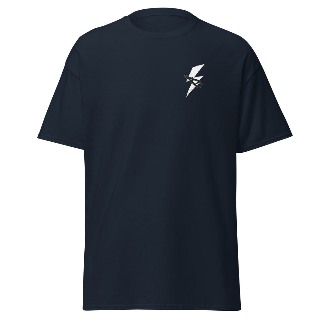 Men's navy t-shirt with lightning bolt and pliers with distressed American flag design for electricians