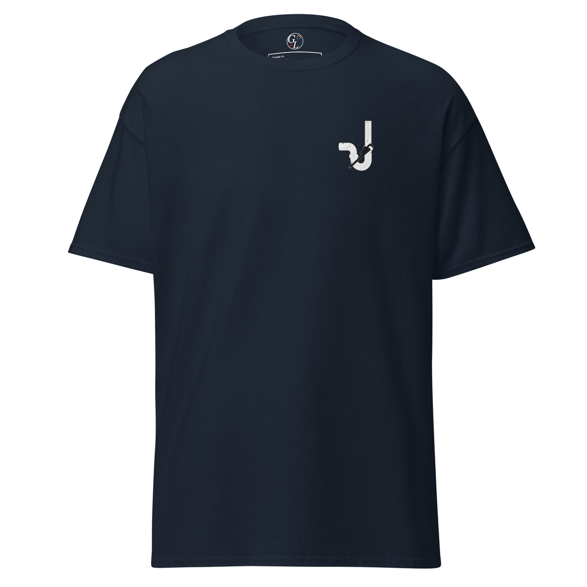 Men's navy t-shirt with pipe and pipe wrench with distressed American flag design for plumbers
