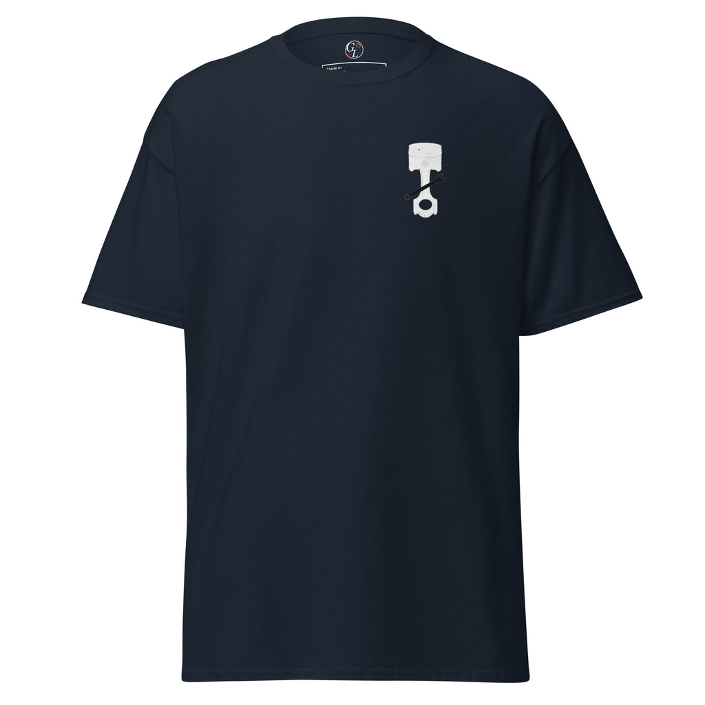 Men's navy t-shirt for mechanics with piston and wrench and distressed American flag