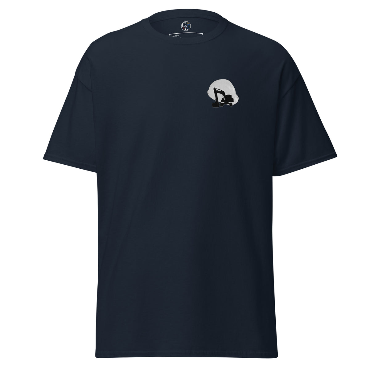 Men's navy t-shirt for construction workers with hard hat and excavator over a distressed American flag