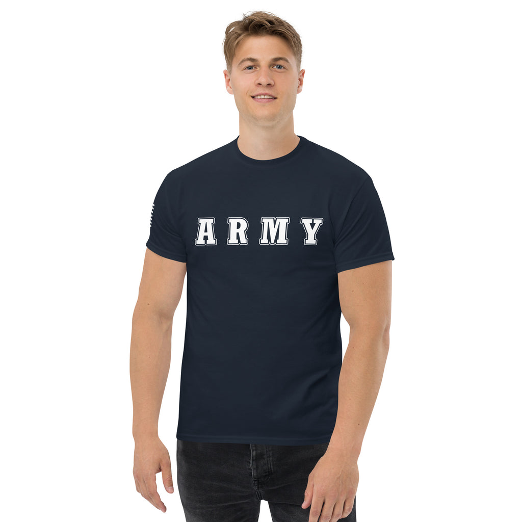 Men's army shirt block lettering and American flag sleeve navy
