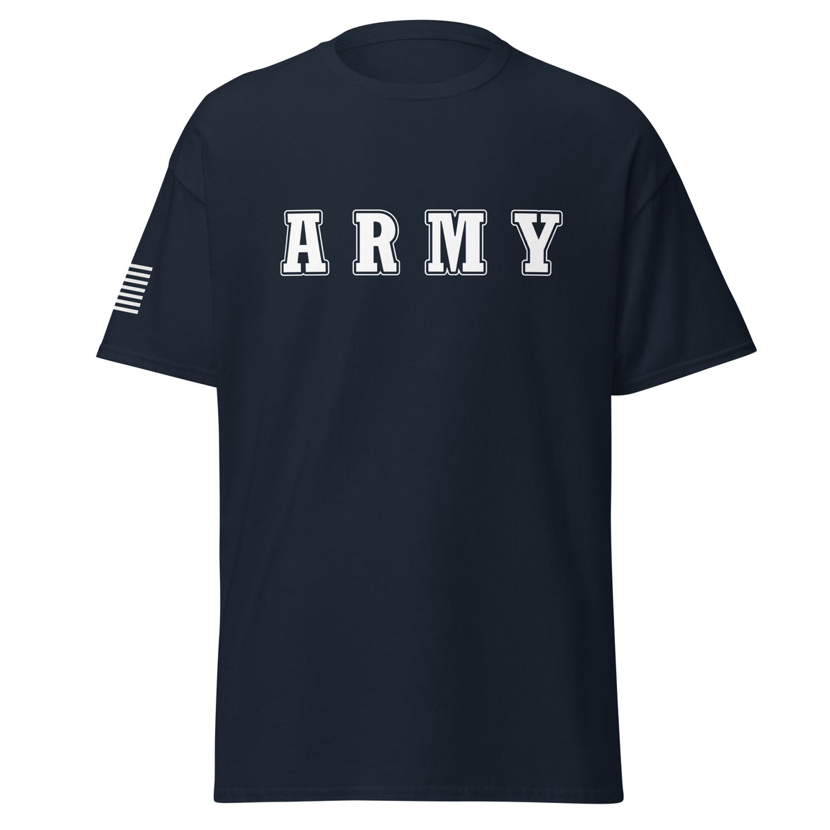 Men's army shirt block lettering and American flag sleeve navy