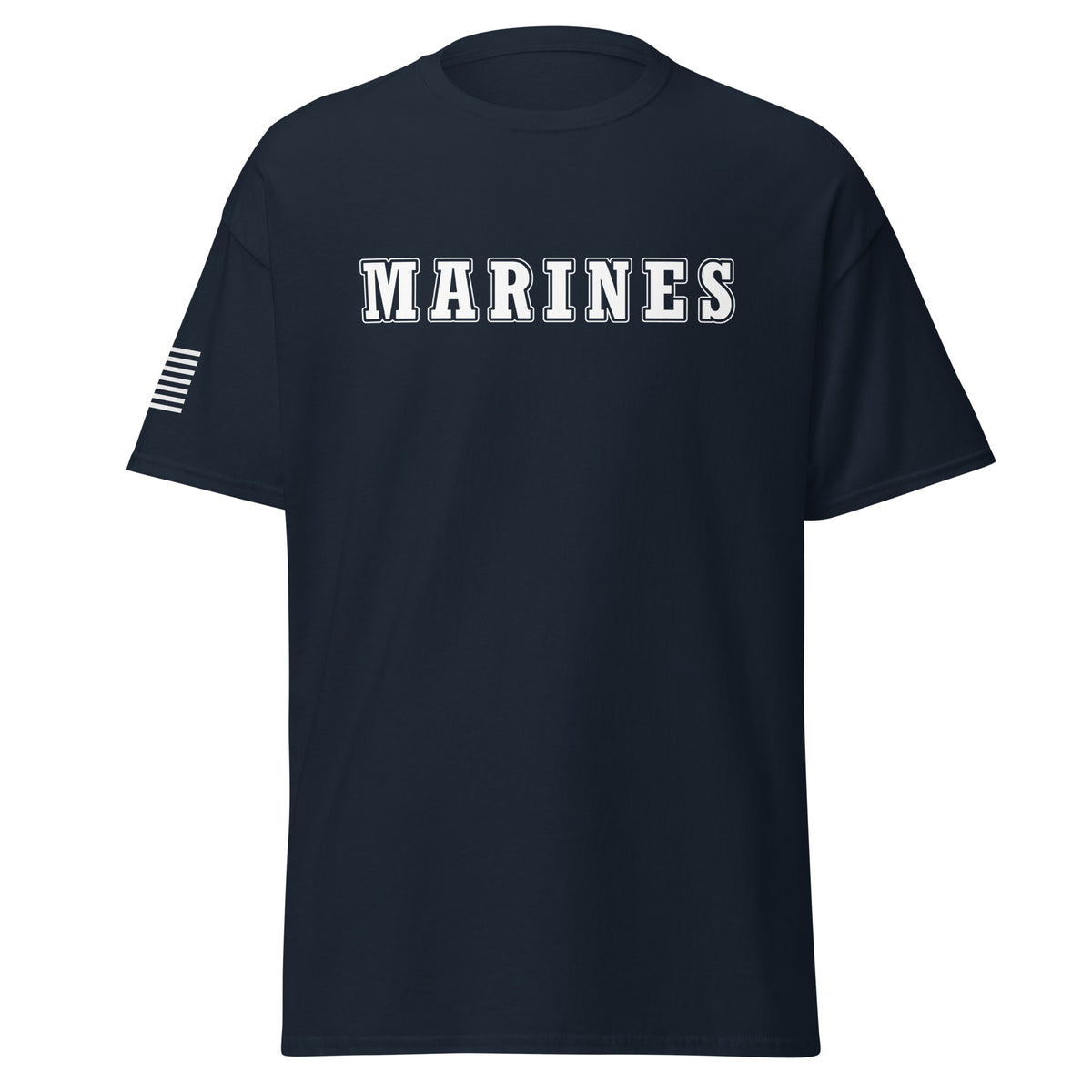 Men's marines shirt block lettering and American flag sleeve navy