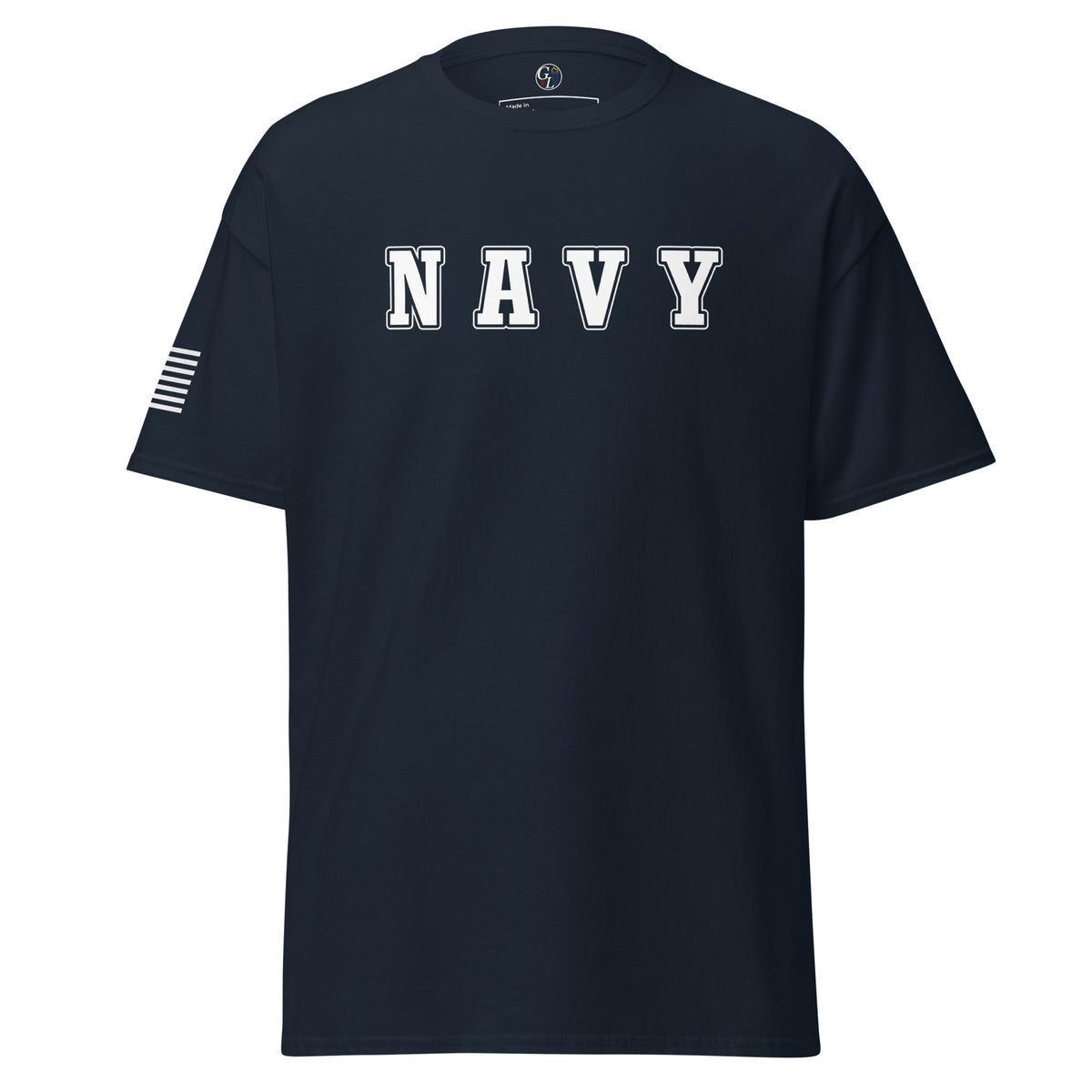 Men's US Navy shirt block lettering and American flag sleeve navy