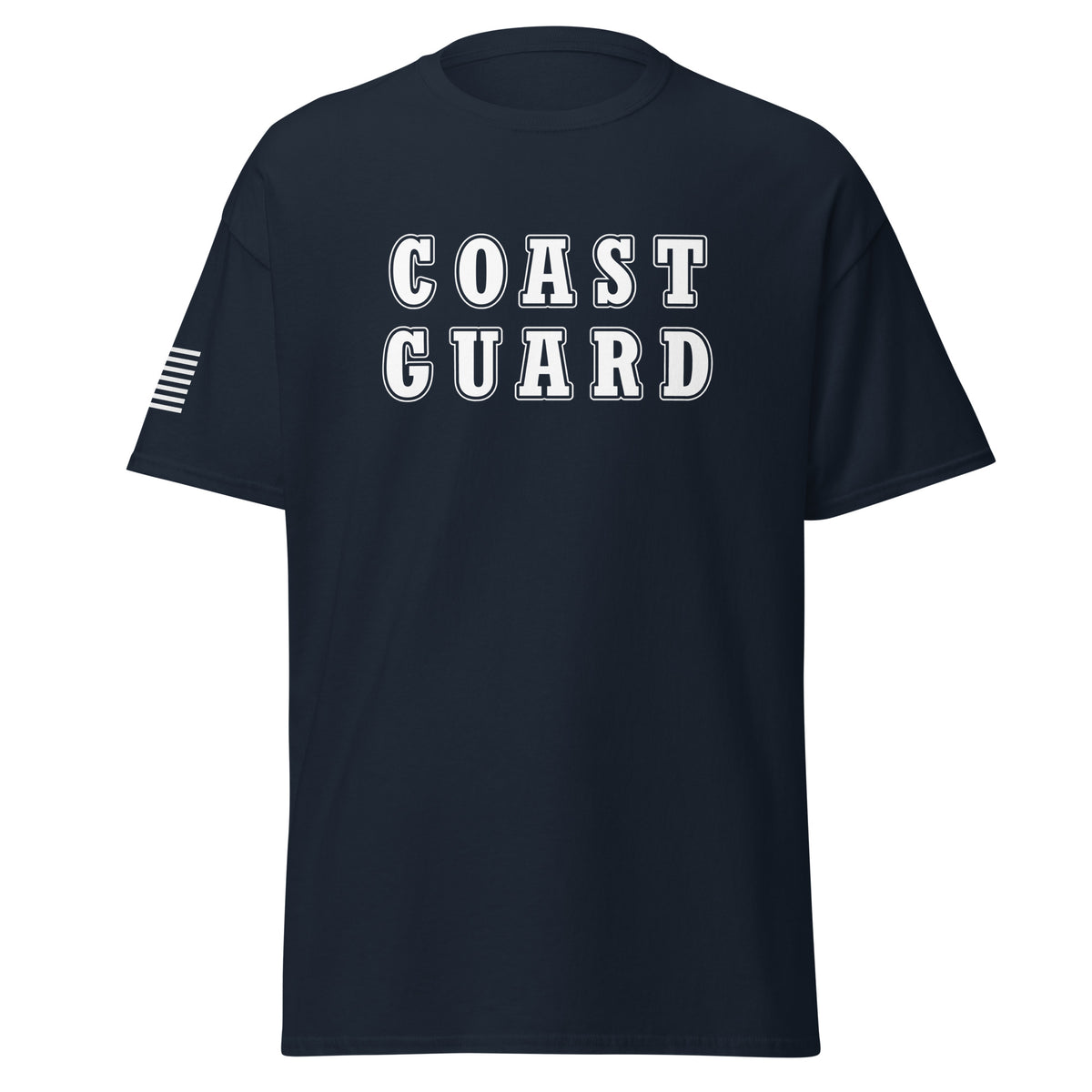 Men's coast guard shirt block lettering and American flag sleeve navy
