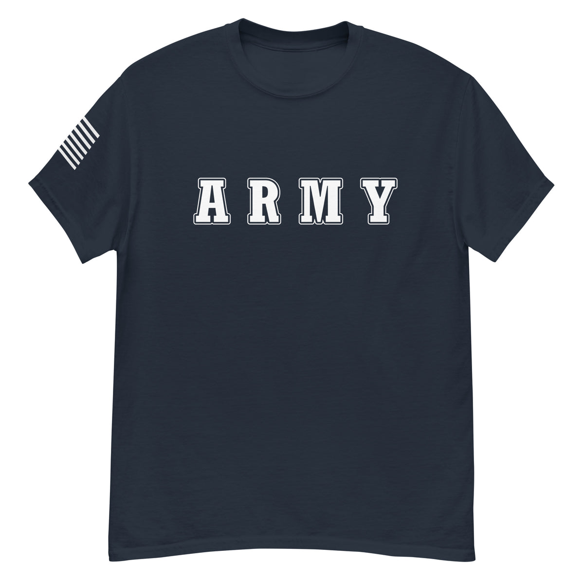 women's navy t-shirt with block-letter Army design and American flag sleeve