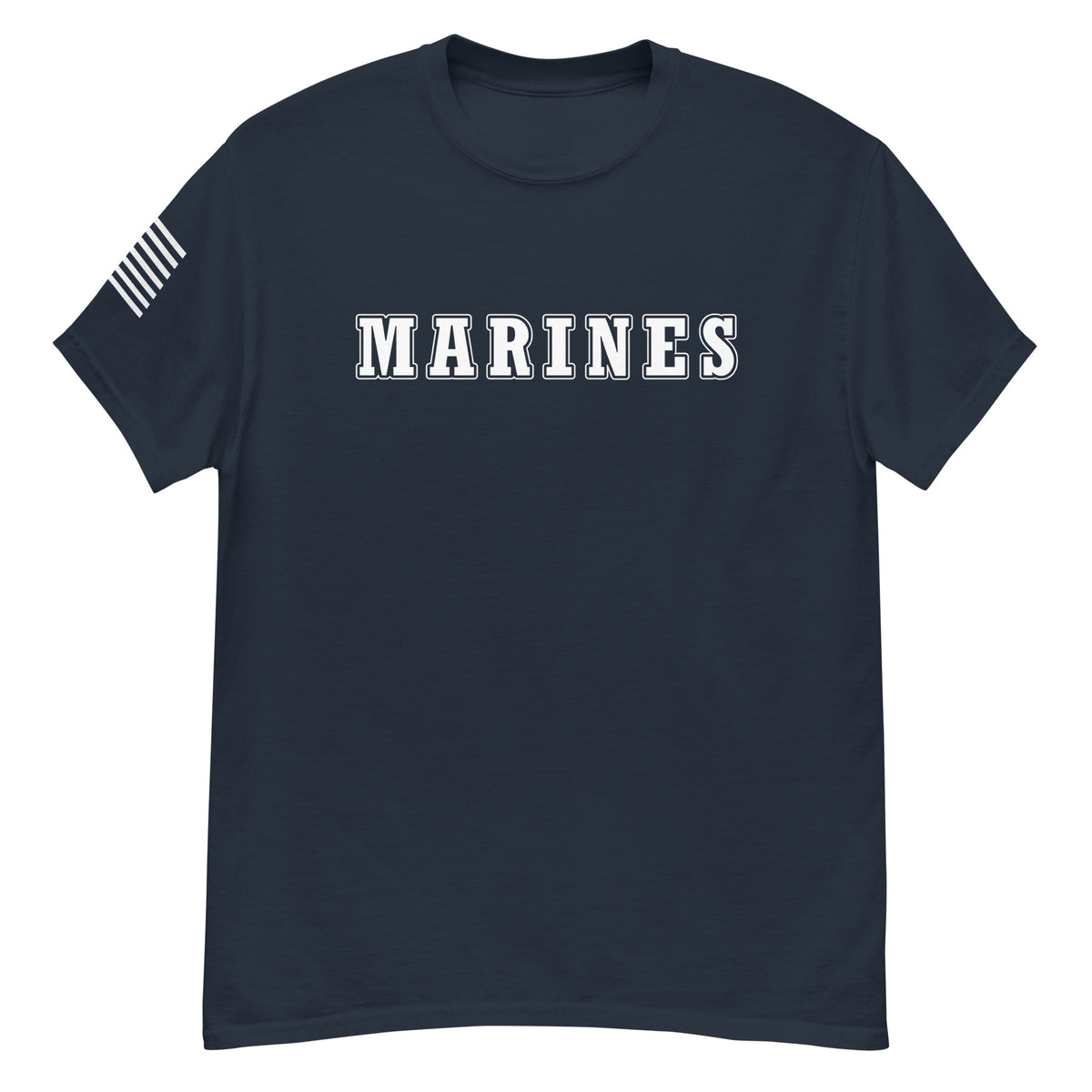 women's navy t-shirt with block-letter Marines design and American flag sleeve