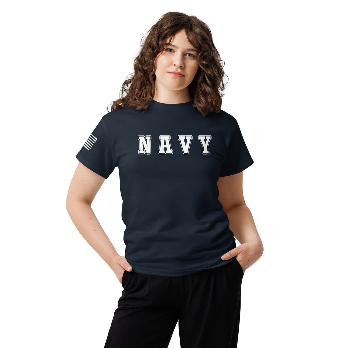 women's navy t-shirt with block-letter Navy design and American flag sleeve