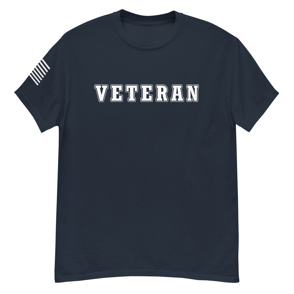 women's navy t-shirt with block-letter Veteran design and American flag sleeve