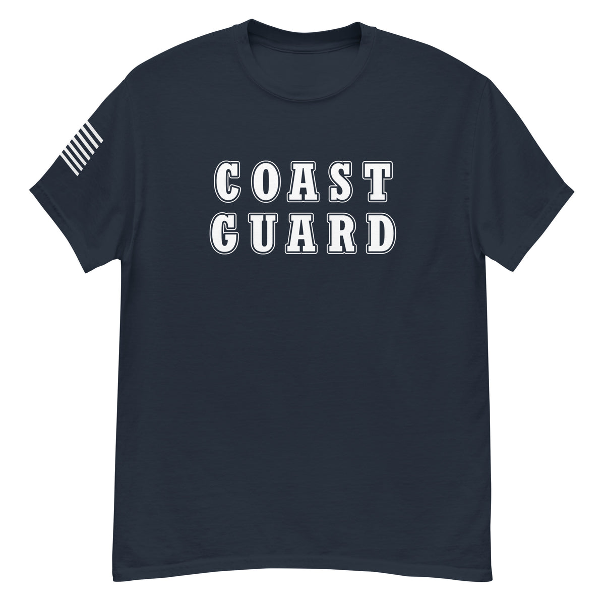 women's navy t-shirt with block-letter Coast Guard design and American flag sleeve