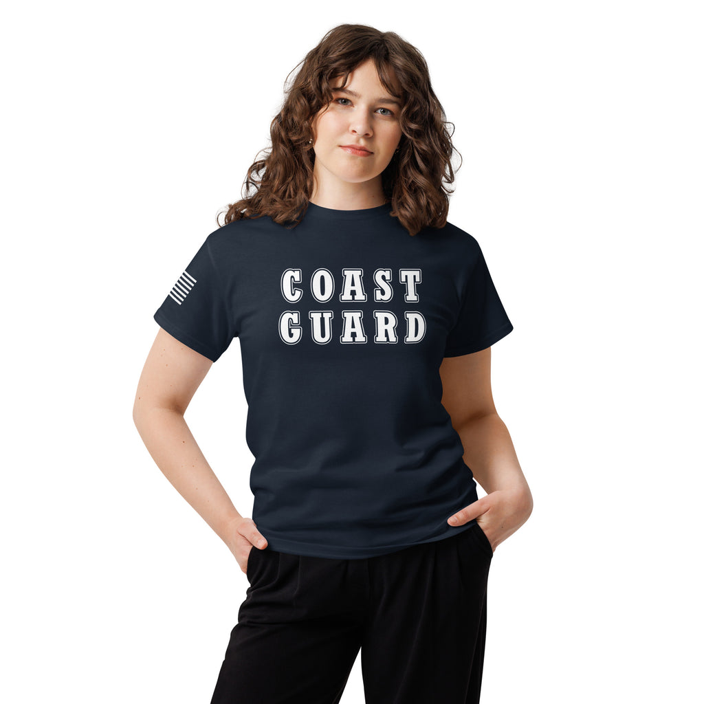 women's navy t-shirt with block-letter Coast Guard design and American flag sleeve