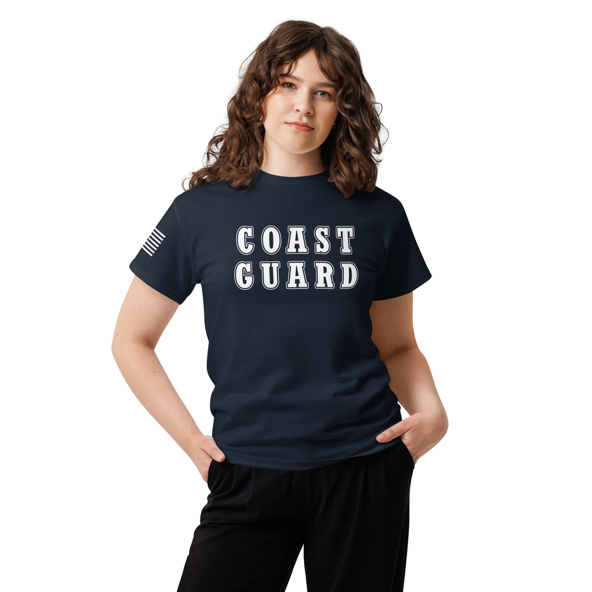 women's navy t-shirt with block-letter Coast Guard design and American flag sleeve