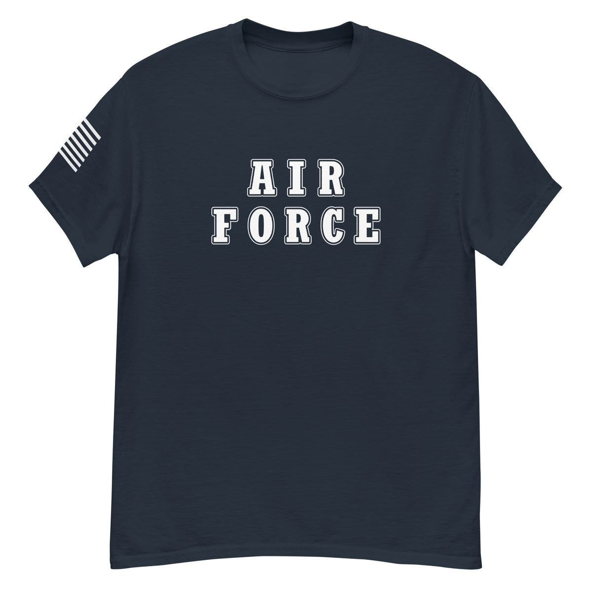 women's navy t-shirt with block-letter Air Force design and American flag sleeve