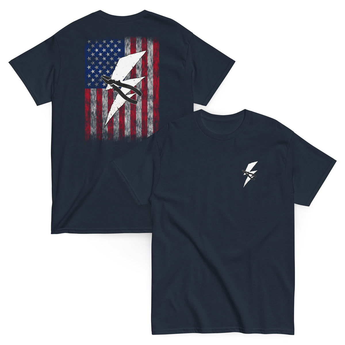 Men's navy t-shirt with lightning bolt and pliers with distressed American flag design for electricians