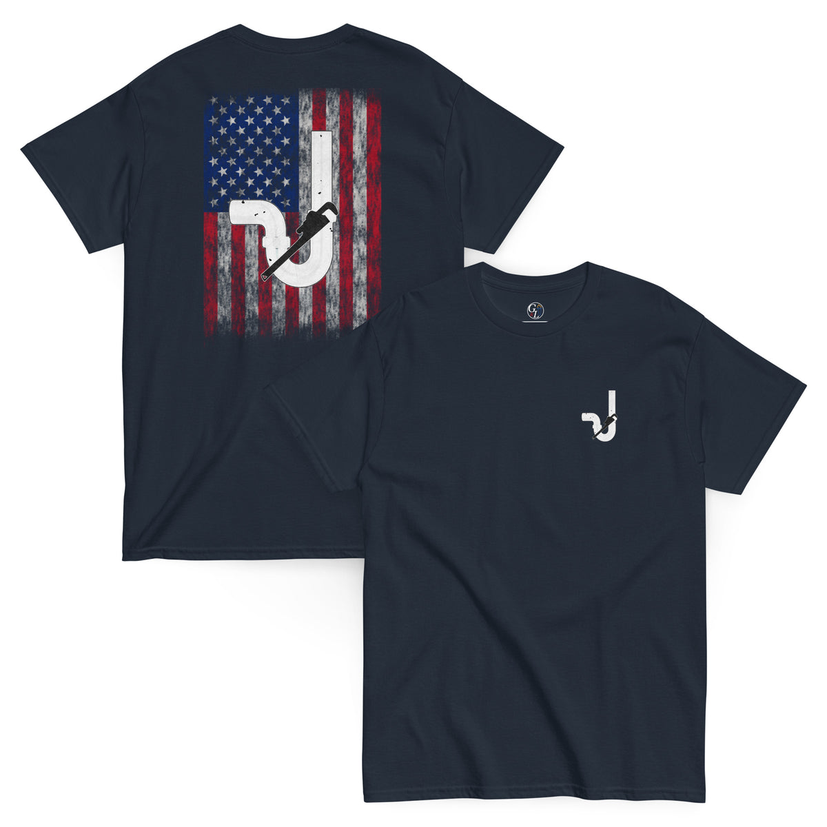 Men's navy t-shirt with pipe and pipe wrench with distressed American flag design for plumbers