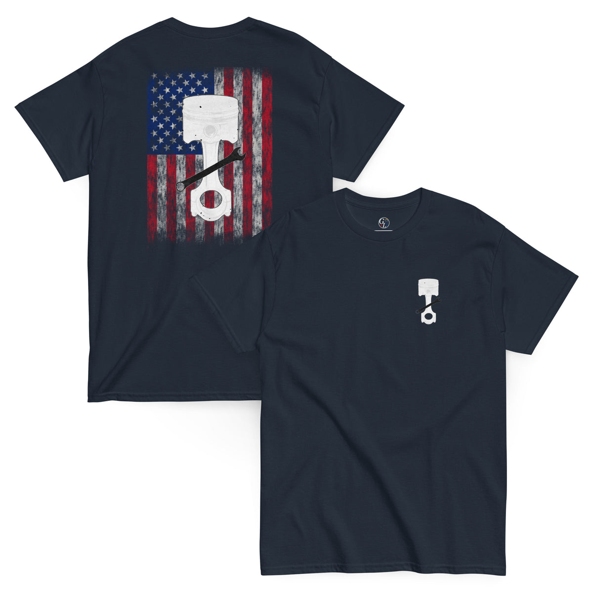 Men's navy t-shirt for mechanics with piston and wrench and distressed American flag