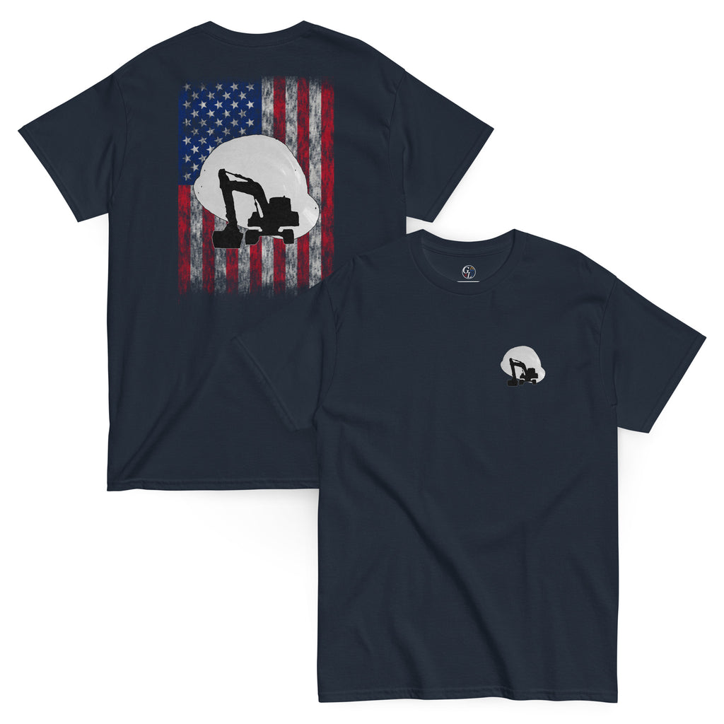 Men's navy t-shirt for construction workers with hard hat and excavator over a distressed American flag