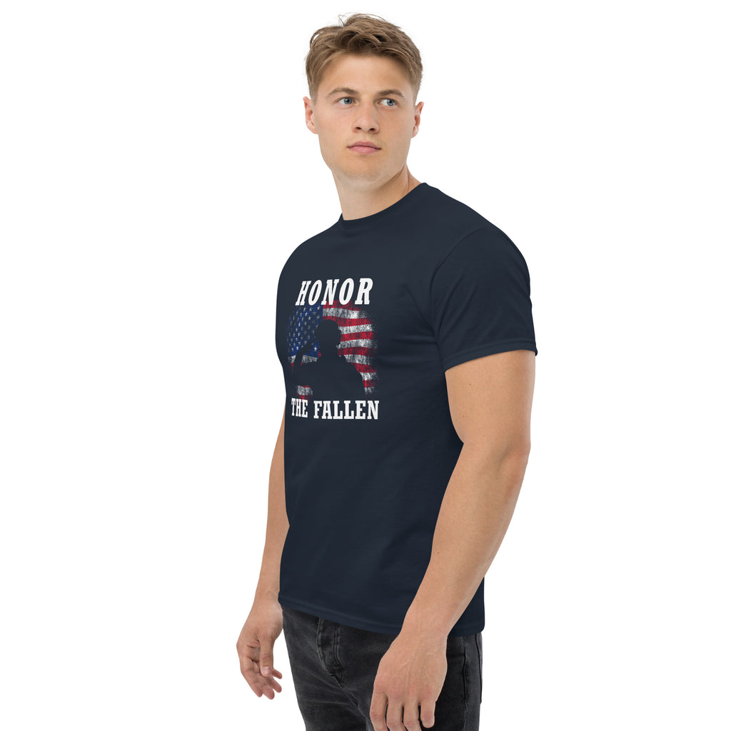 Men's Military Honor the Fallen American flag and soldier salute t-shirt navy