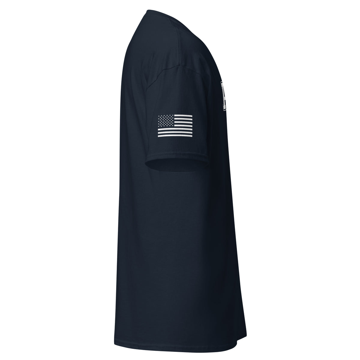 Men's army shirt block lettering and American flag sleeve navy