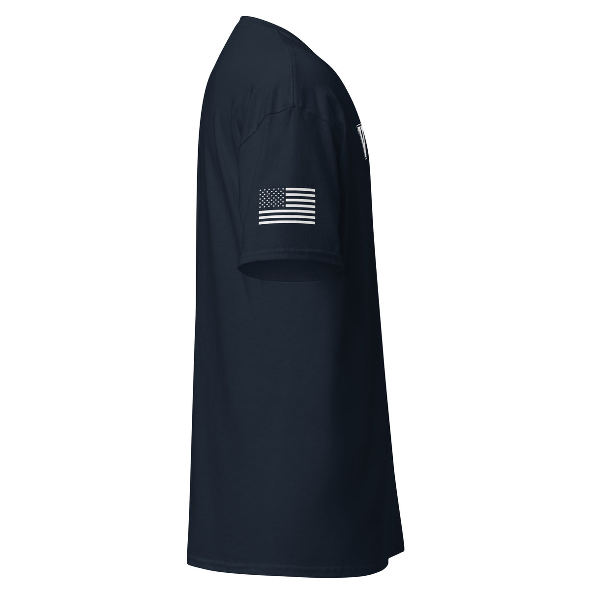 Men's Veteran shirt block lettering and American flag sleeve navy