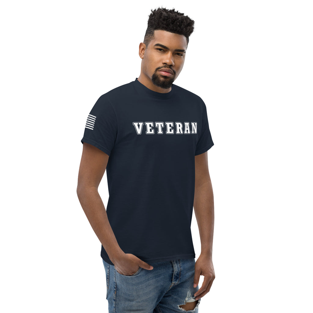 Men's Veteran shirt block lettering and American flag sleeve navy