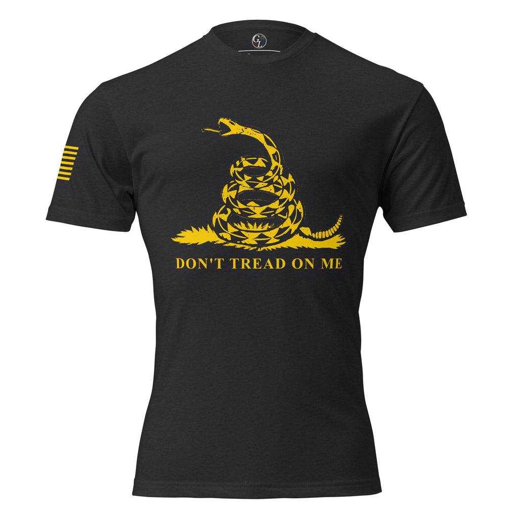 Black men's t-shirt with yellow don't tread on me and snake graphic, with yellow flag on sleeve