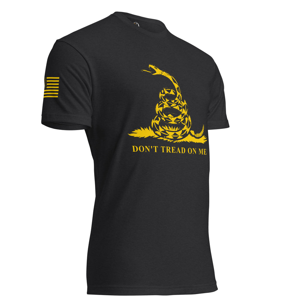 Black men's t-shirt with yellow don't tread on me and snake graphic, with yellow flag on sleeve